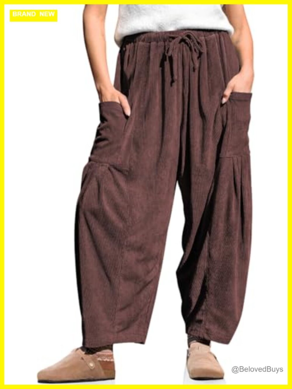 Womens Corduroy Barrel Pants Drawstring Wide Leg Casual with Pockets